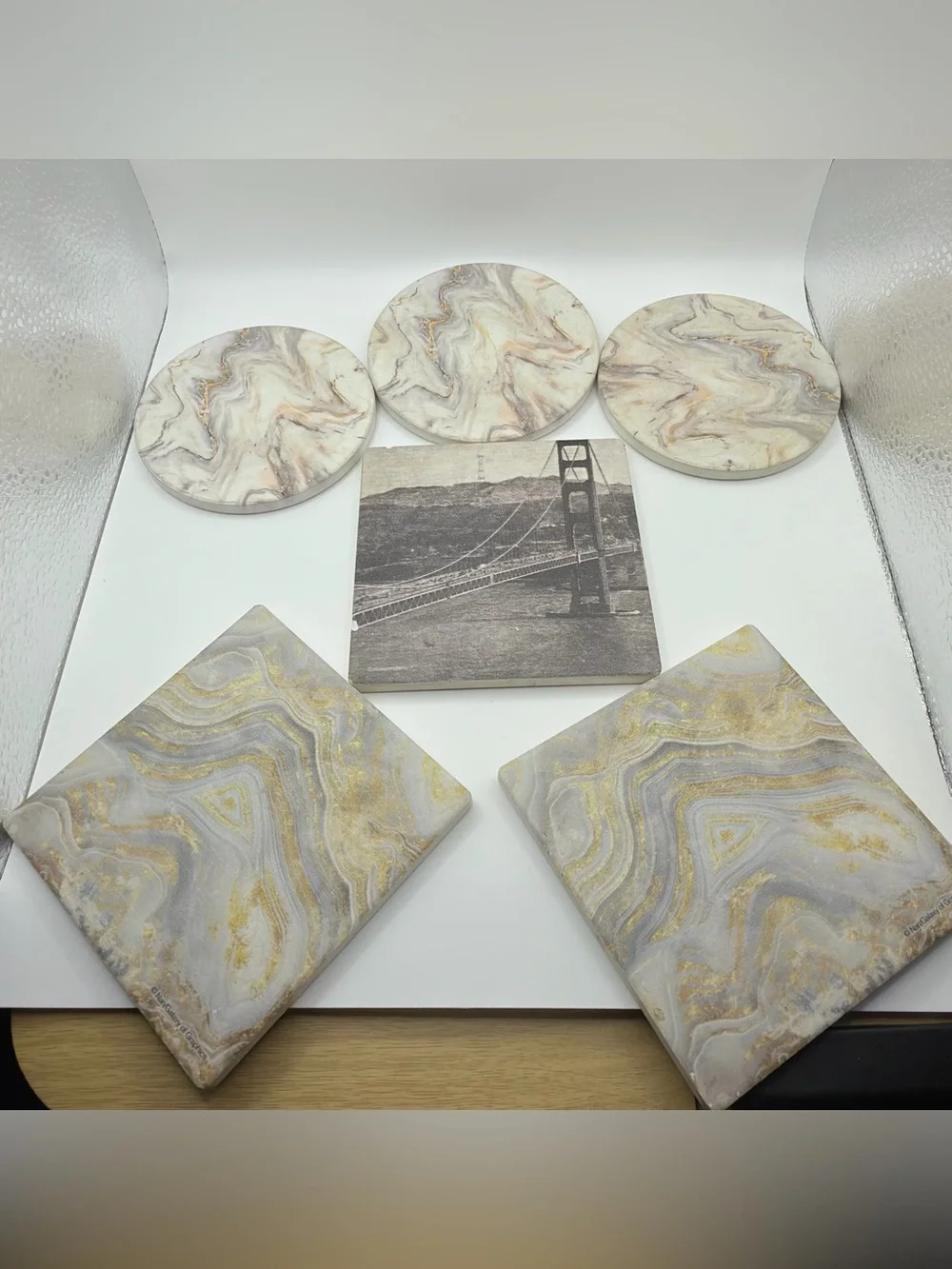 Marble Swirl Stone Coaster Set with Gold Accents